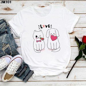Kawaii Busy Cat Print Ladies T-shirt Summer Harajuku Fashion Anime Pattern Women